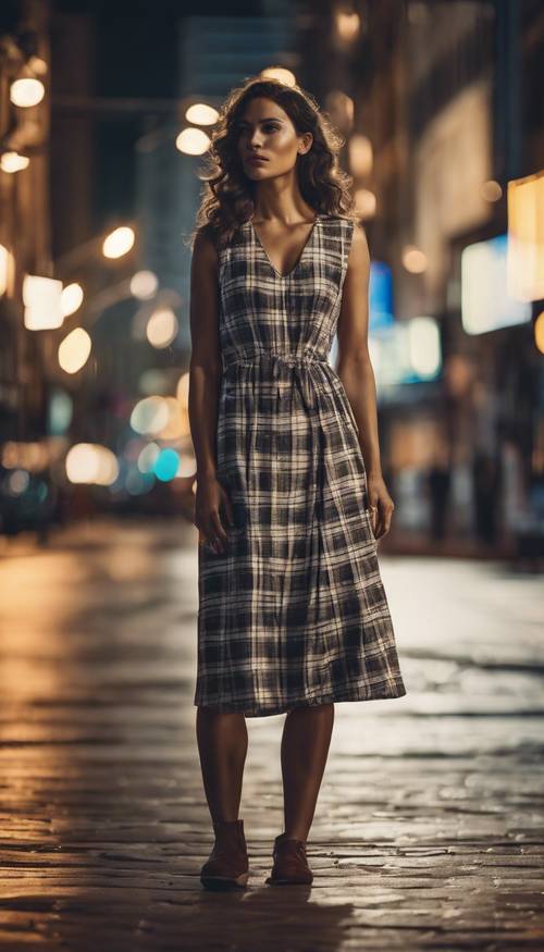 אישה מסוגננת לבושה בשמלה משובצת ניטרלית, עומדת ליד רחוב מואר בעיר בלילה.