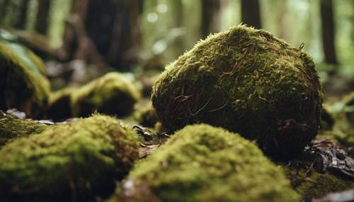 ココナッツの茶色い木の皮と緑の苔の石が美しい森の壁紙 - 自然とリラックス感じるデザイン