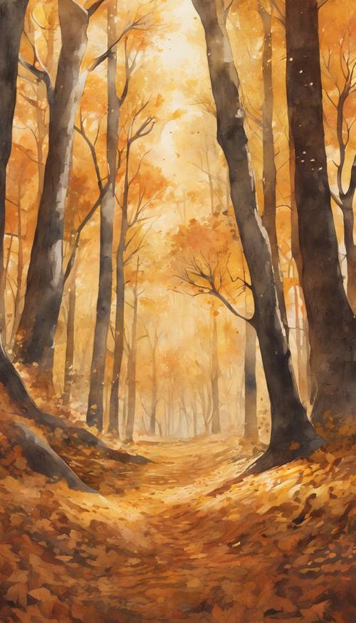 오렌지, 노란색, 갈색의 무수한 색조를 보여주는 울창한 가을 숲의 상세한 수채화 렌더링입니다.