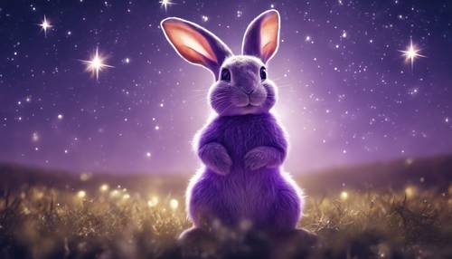 Interprétation artistique d’un sage lapin violet debout sur ses pattes postérieures, regardant des étoiles scintillantes.