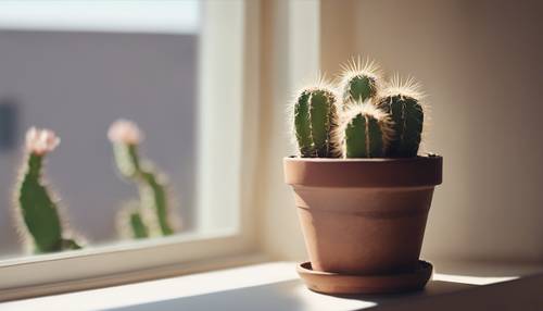 Un cactus in vaso e fiorito su un davanzale soleggiato.