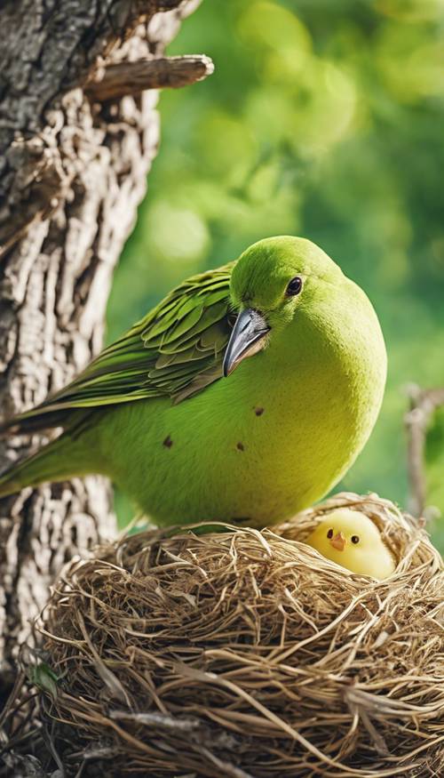 一只梨绿色的小鸟，在精心制作的巢里给刚出生的小鸟喂食多汁的蠕虫。