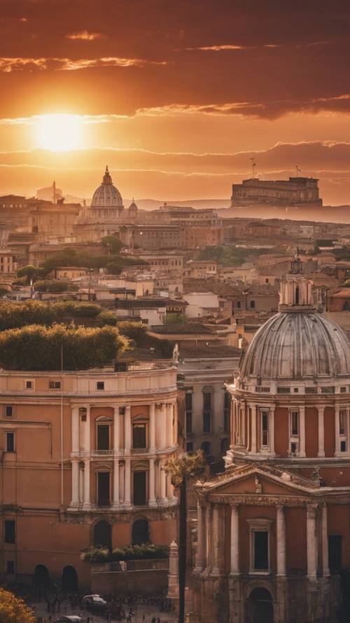 Il sole che tramonta dietro il maestoso skyline di Roma, proiettando una calda tonalità sulle sue strutture senza tempo.