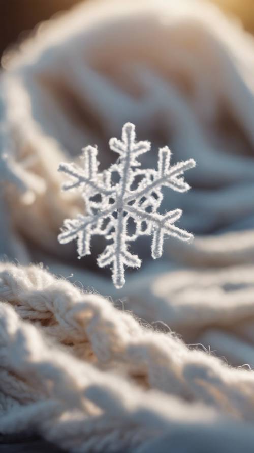 Snowflake landing gently on a child's knitted scarf.