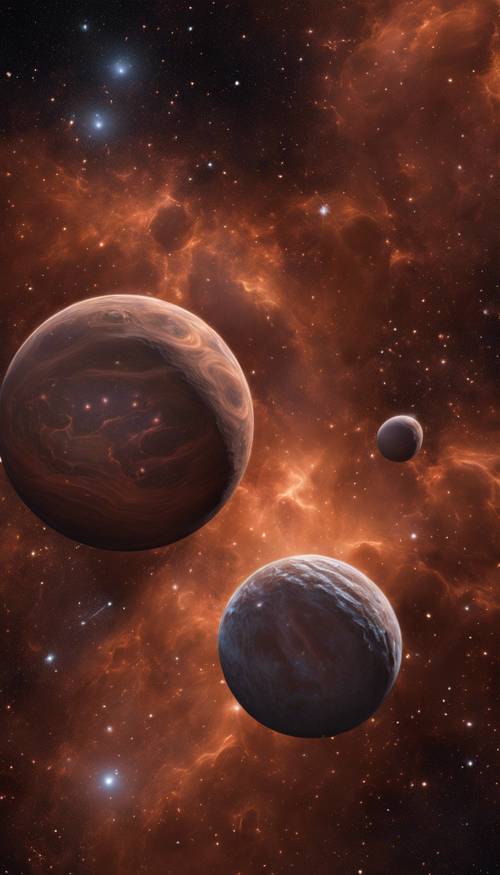 An artist's depiction of brown dwarf stars against a nebula backdrop. Tapet [838ed1f450b84366b3ac]