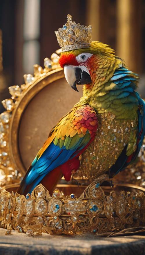 Um papagaio surpreendentemente vibrante com uma coroa de diamantes, aninhado num ninho feito de ouro puro situado num grande palácio.