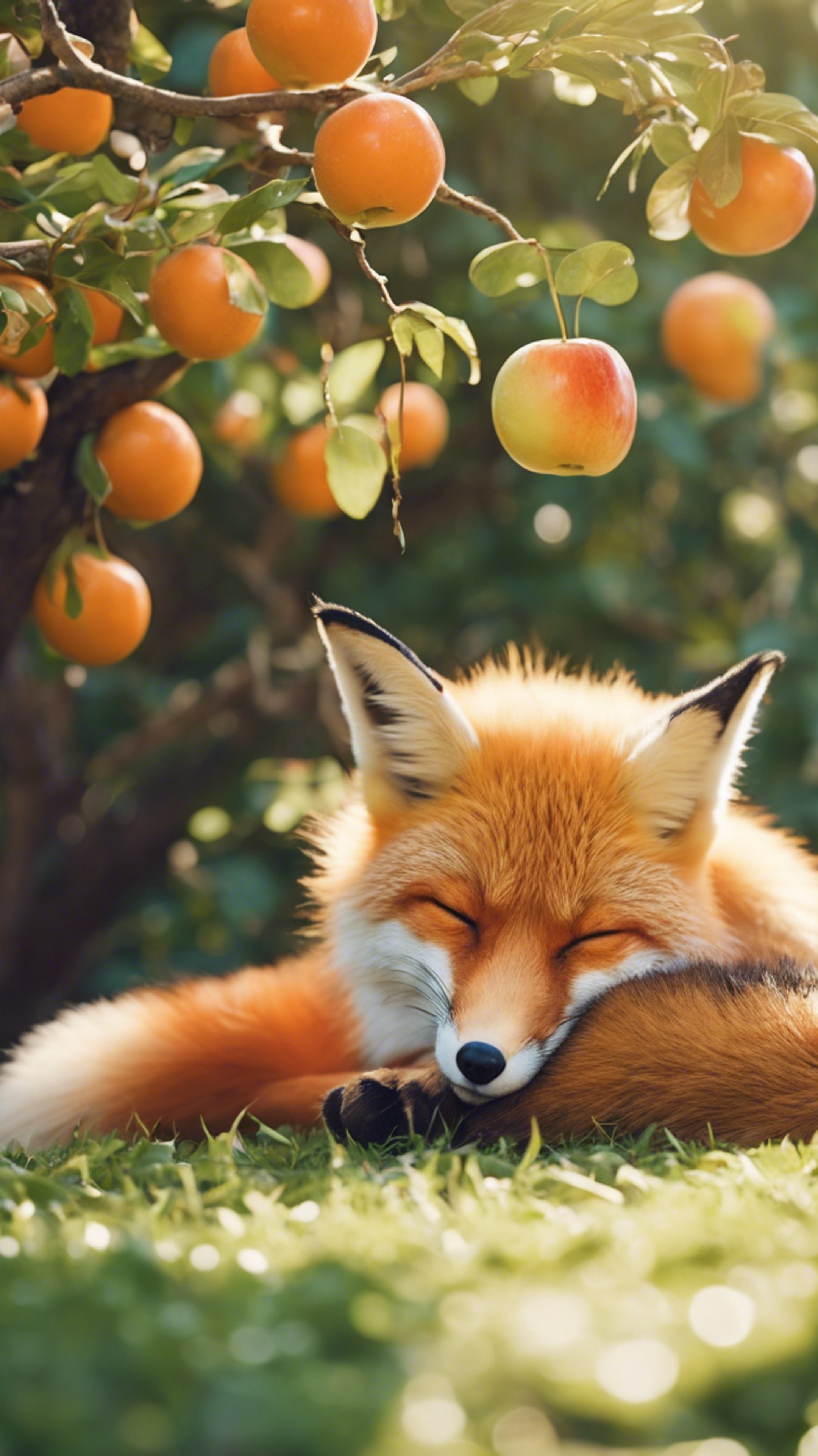 A cute orange kawaii fox sleeping beneath an apple tree. Wallpaper[ef9675b83cb04befb3c9]