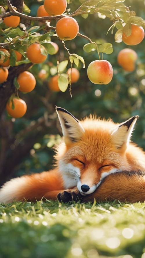 A cute orange kawaii fox sleeping beneath an apple tree.