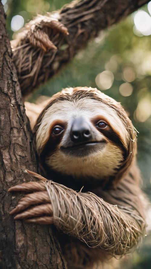 A sloth knitting its brow in deep thought while clinging to a tree.