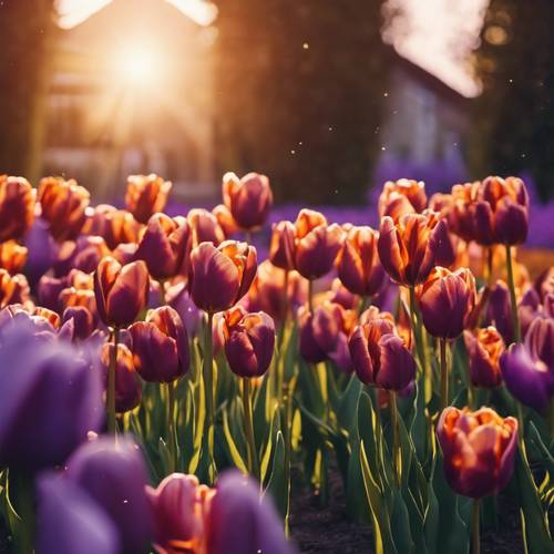 Tulipanes en un jardín, bañados por los rayos violetas y naranjas del sol poniente.