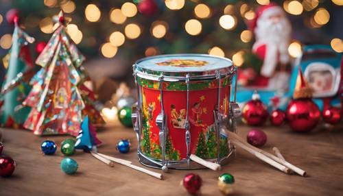 A 1960s tin Christmas toy drum, festively painted with holiday scenes and complete with matching sticks.