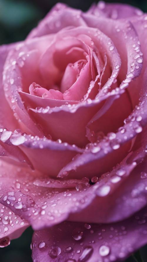 A close-up of a pink rose with purple dew drops.