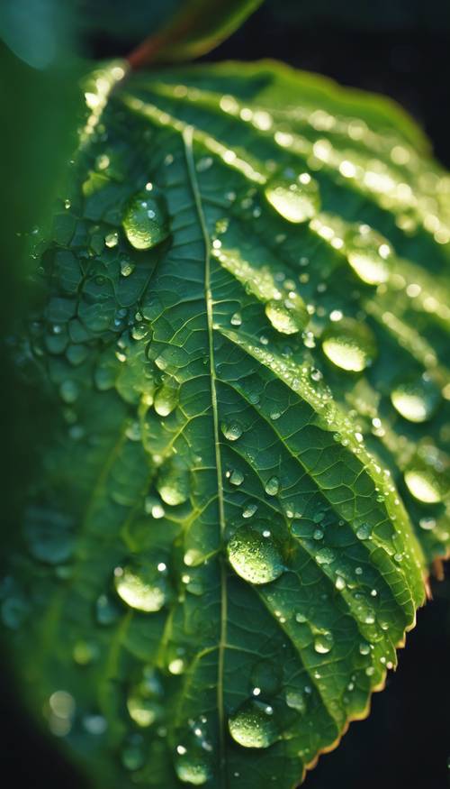 A close-up of a vibrant green leaf, with dew drops shimmering in the early morning sun. Tapeta [5e9bf46a6850489b95a5]