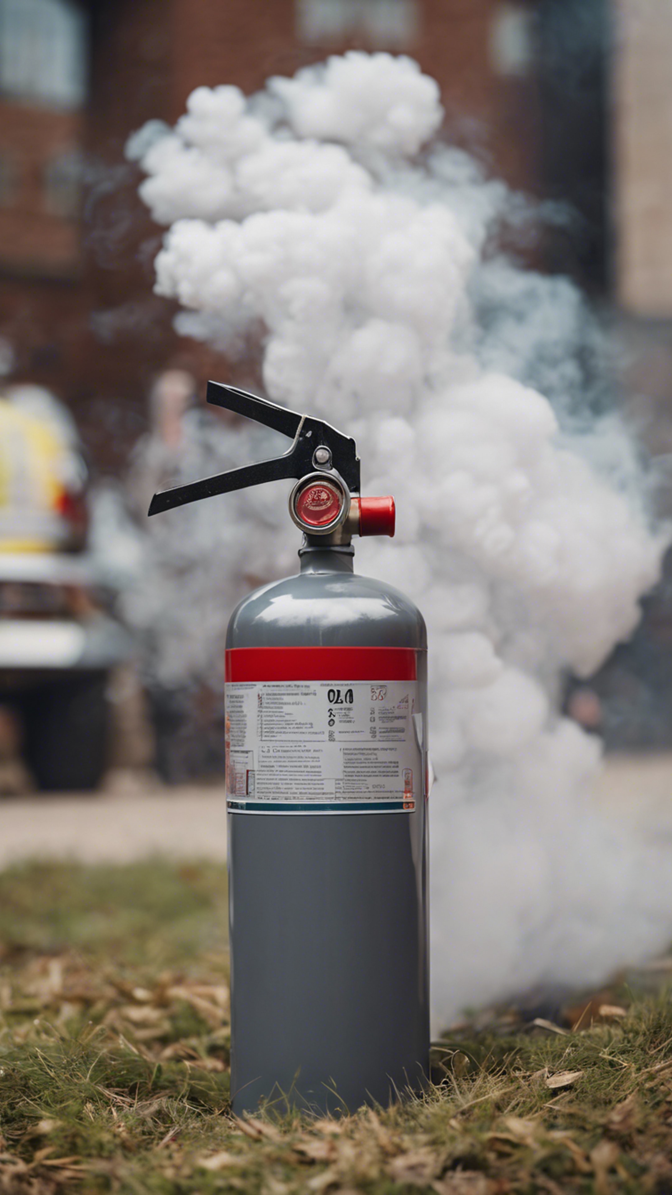 A fire extinguisher releasing a cloud of grey smoke during a fire drill.壁紙[83ab369e14f84a2aa2fc]