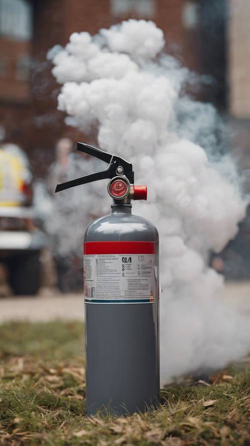 Um extintor de incêndio liberando uma nuvem de fumaça cinza durante uma simulação de incêndio.