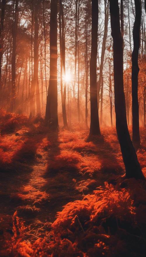 Yoğun bir ormanda uzun gölgeler oluşturan canlı turuncu ve kırmızı bir gün doğumu.