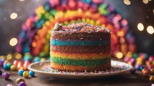 A boho rainbow chocolate cake with rainbow sugar sprinkles.