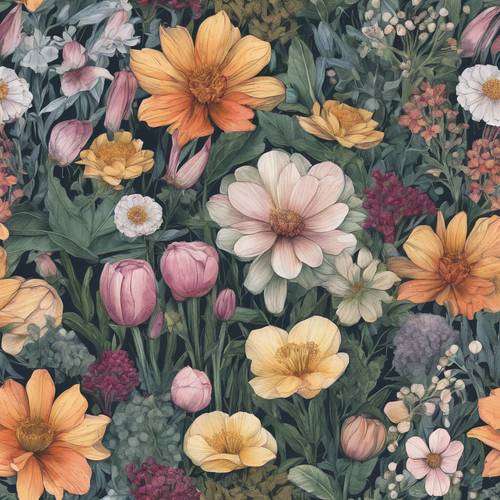 Uma ilustração botânica detalhada de uma variedade de flores da primavera, mostrando sua beleza e características únicas.