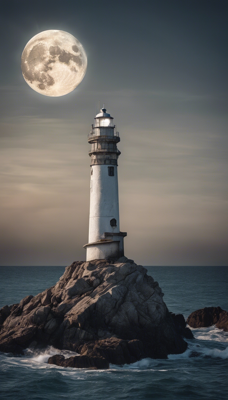 A solitary lighthouse on a rocky cliff bathed in the light of a full moon in a nautical setting. duvar kağıdı[174c7cbed46a497f85e9]