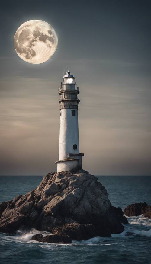 Mercusuar terpencil di tebing berbatu bermandikan cahaya bulan purnama dalam suasana bahari.