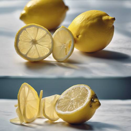 An artful view of two lemons, one perfectly whole and the other invitingly sliced.