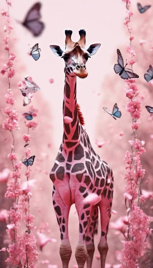 A whimsical pink giraffe with butterflies fluttering around its long neck. Tapeta [a9992c3b0c3c459aa93a]
