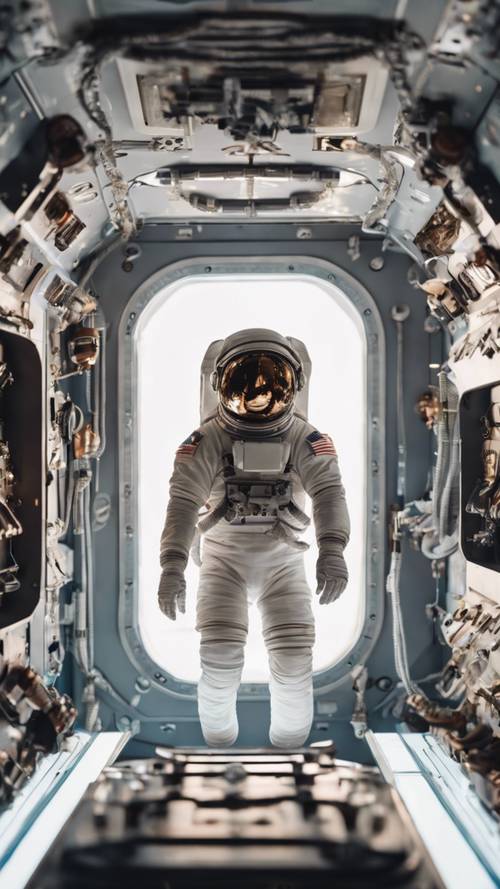 Um astronauta legal flutuando em ambiente de gravidade zero dentro de uma espaçonave.