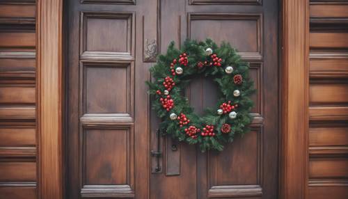 Sebuah pintu kayu tua berwarna coklat dihiasi dengan karangan bunga Natal buatan tangan yang indah.