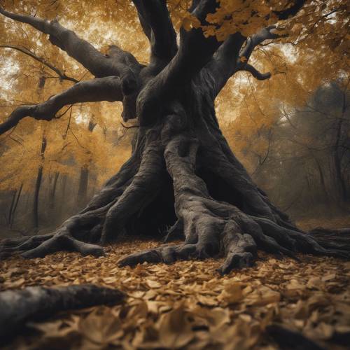 Un albero antico in una foresta oscura con volti spettrali che sussurrano. Foglie dorate cadute tappezzano il terreno.