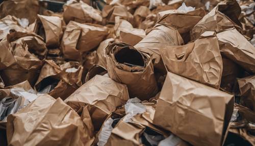 Thùng rác chứa đầy giấy màu nâu nhàu nát ở một trung tâm tái chế.