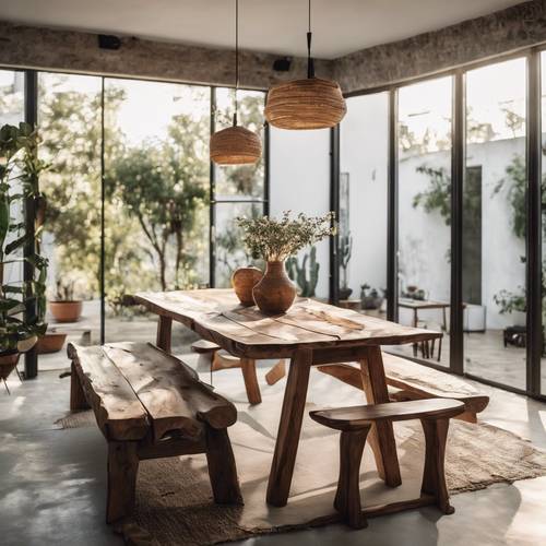 Une salle à manger bohème minimaliste avec une table à manger aux bords naturels, un mélange de chaises en bois et un banc.