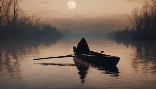 Una figura oscura avvolta in un mantello rema su una barca malandata in una notte senza stelle attraverso il fiume Stige.