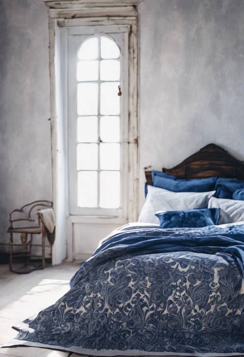 Yumuşak sabah ışığı altında, rustik beyaz bir odada canlı indigo Gotik Şam yatak takımı