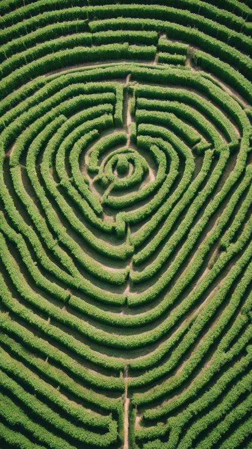 A top-down aerial shot of a green maze carved into a field of watermelon crops.