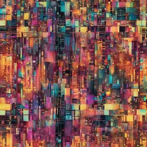 Intricate abstract designs caused by the malfunction of vibrant pixelated shapes, forming a glitch-themed seamless pattern.