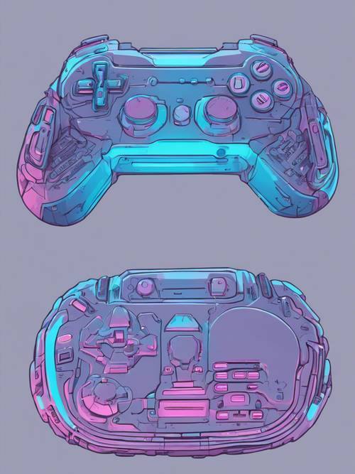 Pengontrol video game biru neon yang sangat detail mengambang di latar belakang gelap.