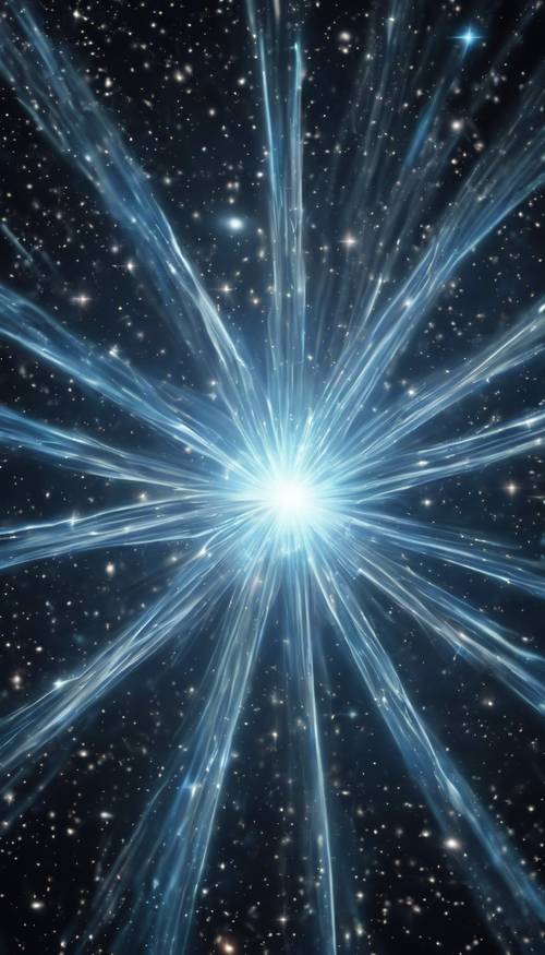 Ein heller Stern, der vor einem dunklen kosmischen Hintergrund hellblaue Strahlen aussendet.