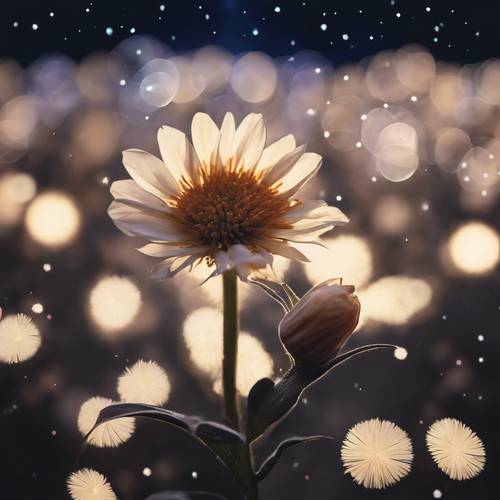 A coquette flower under the soft glow of moonlight against a starry sky.