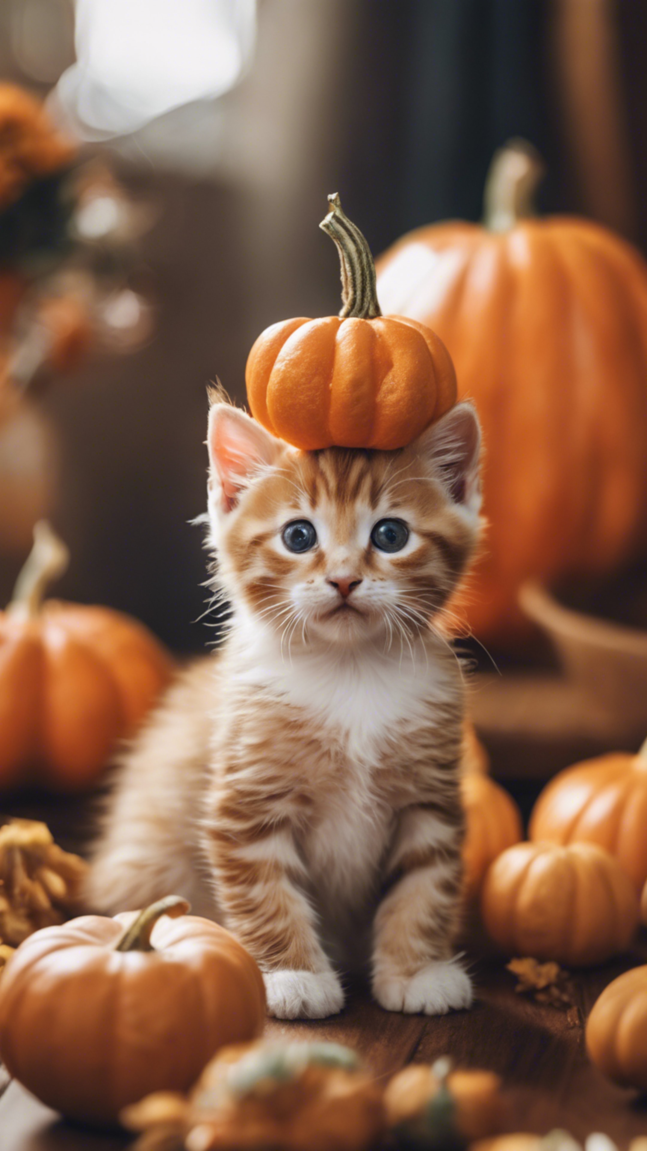 An orange tabby kitten dressed up as a tiny pumpkin for Halloween festivities.壁紙[a5205dadd28d41bcbdef]