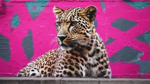 Kräftige rosa Leopardenflecken überlagern eine Stadtmauer im Graffiti-Stil.