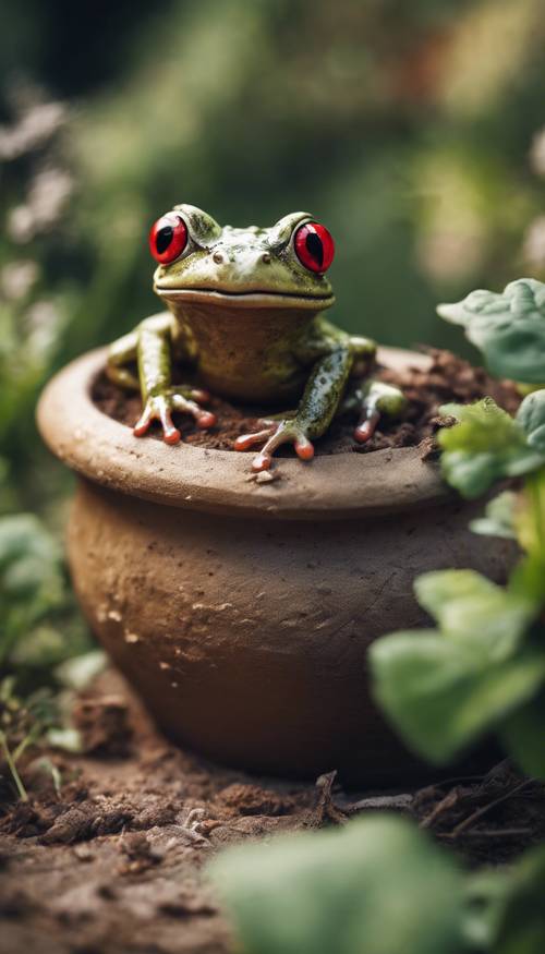 Ein kleiner Frosch mit roten Augen, der zufrieden auf einem alten Tontopf in einem Bauerngarten sitzt.