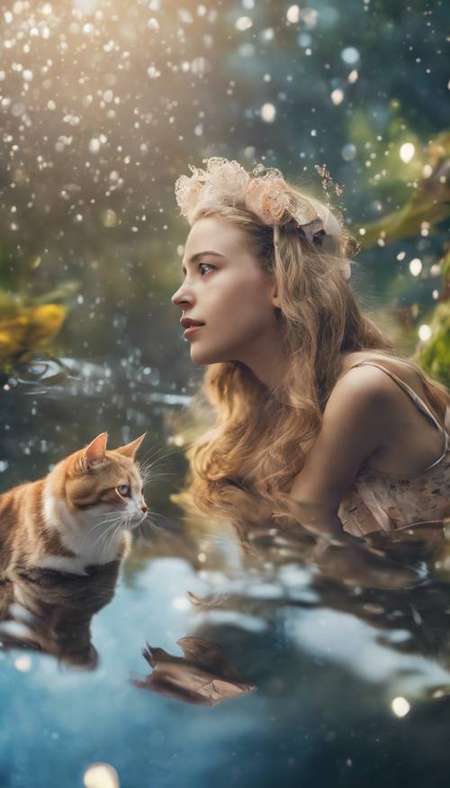 Alice floating downstream with her cat Dinah, dreaming of Wonderland. Tapet [95e9873558384f2db97c]