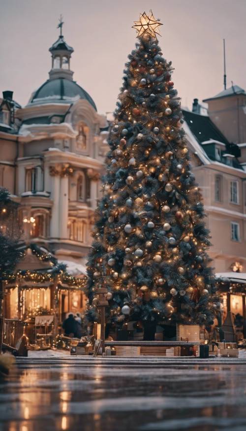 A quiet Christmas village square with a tall, ornate Christmas tree in the center.