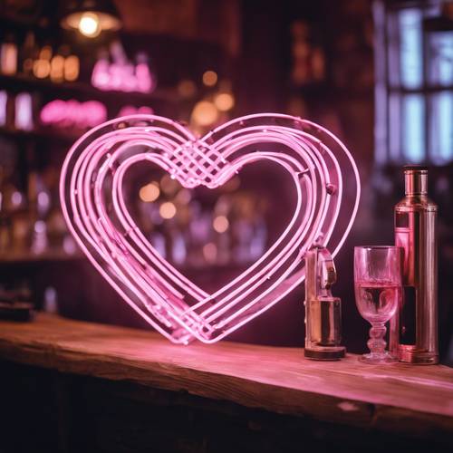 Une enseigne au néon en forme de cœur rose clair illuminant un bar sombre et rustique.