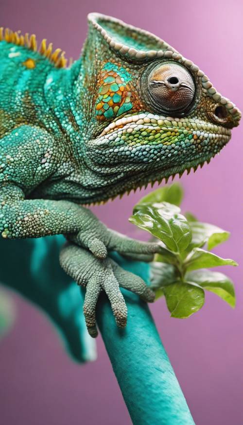 A chameleon changing its colors to blend into a teal plain.