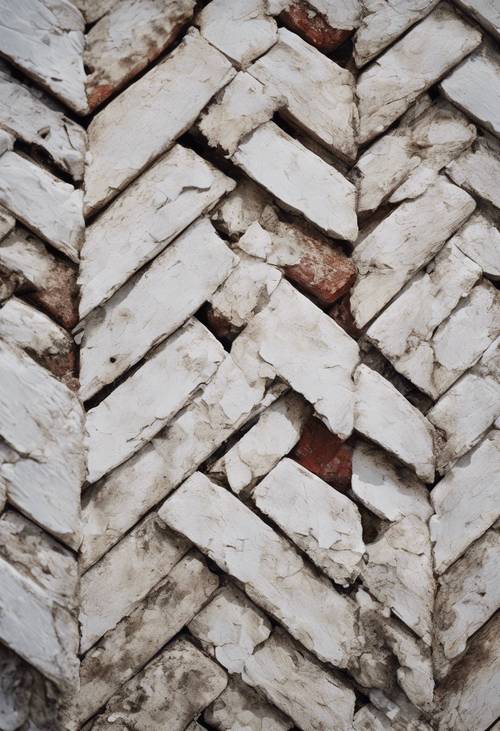 Rustic white-washed herringbone brick pattern often seen on old country farms.