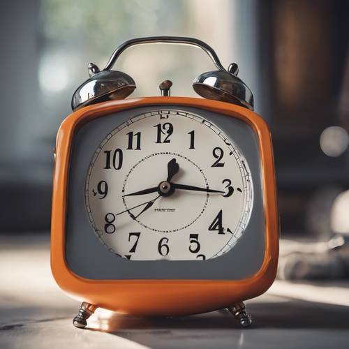 Um despertador antigo em laranja e cinza, tocando às 6h.