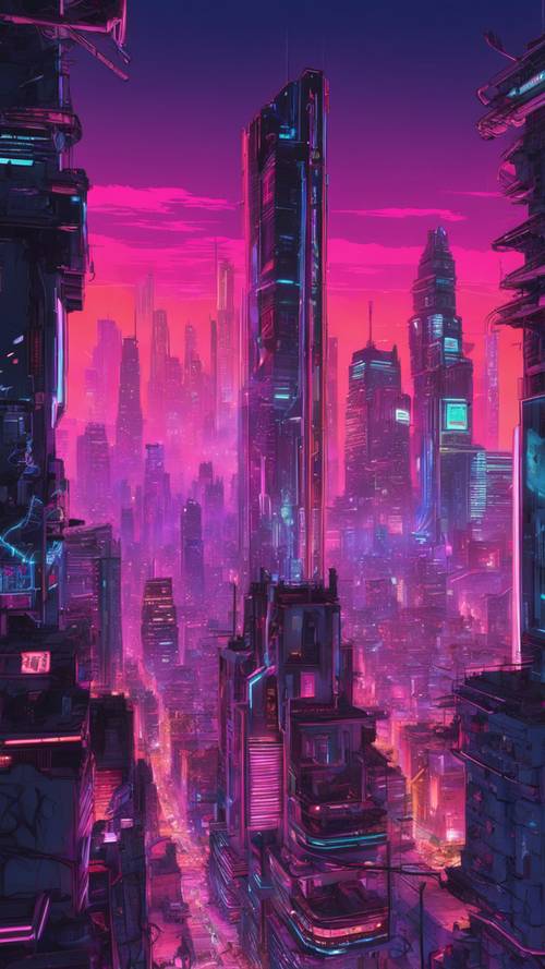 Ночной киберпанк-город с неоновым освещением и огромными небоскребами.