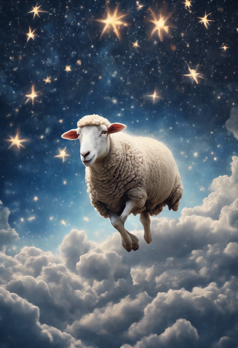 An ethereal painting of celestial sheep hopping across a star-spangled night sky. Tapetai[fbb82f0a0f3e4eb8ab5d]
