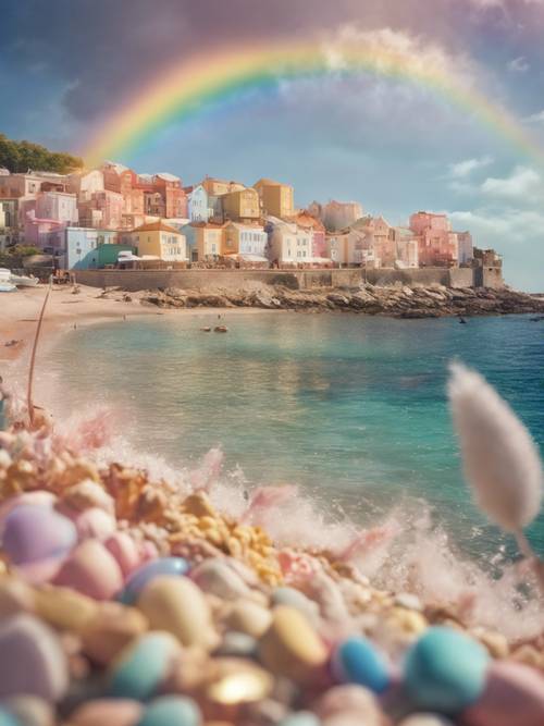 Kota tepi pantai berwarna pastel yang indah terletak di bawah lengkungan pelangi yang muncul akibat sinar matahari.